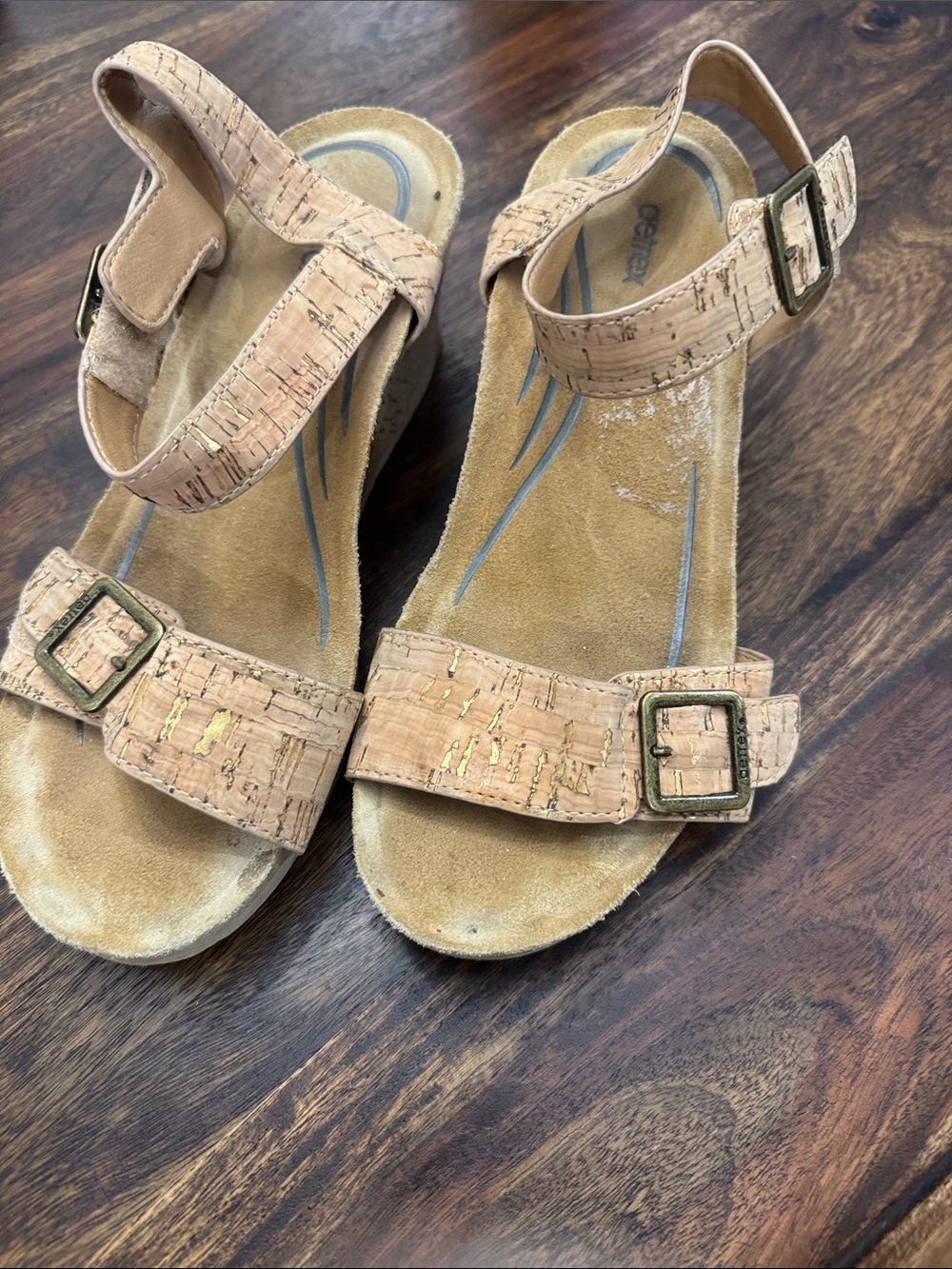 Aetrex Cork-Textured Beige Wedge Sandals - Women
